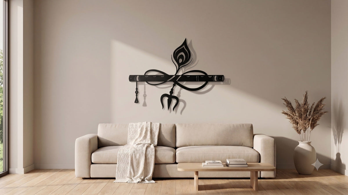 Krishna and Shiva metal wall art above a sofa in a living room