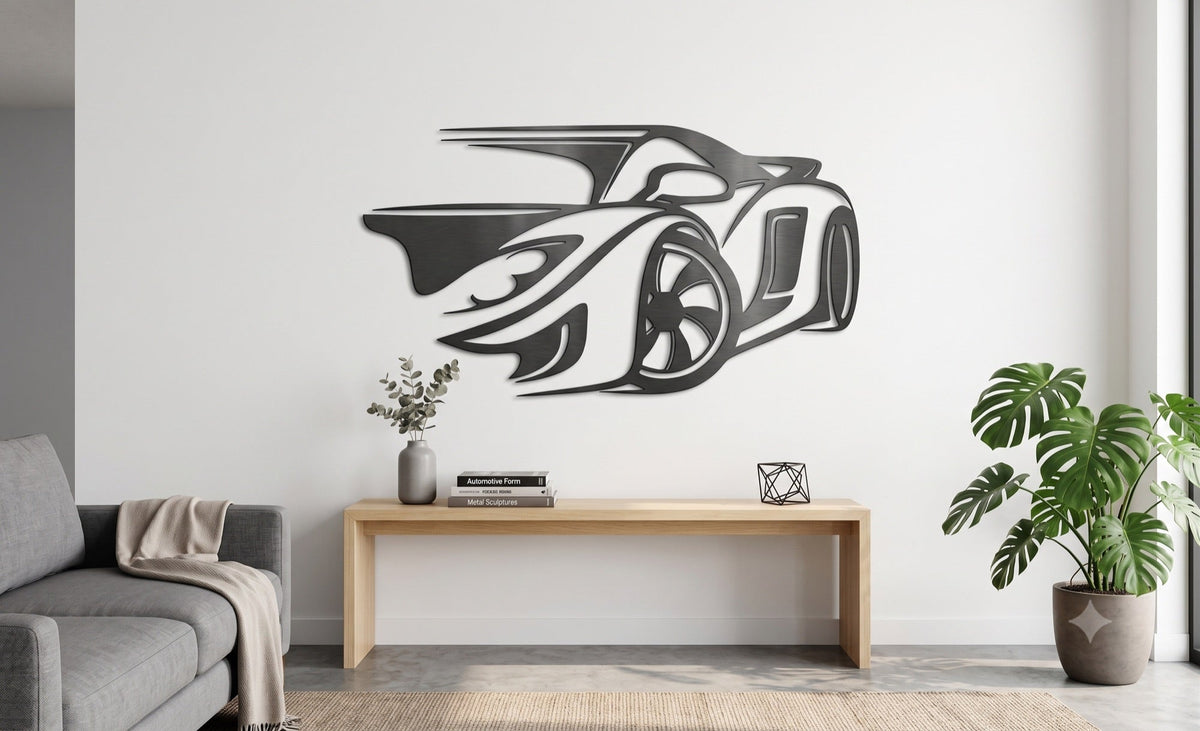 Supercar metal wall art above a console in a modern office