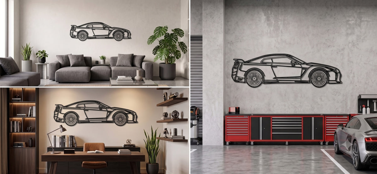 Nissan GTR R35 Car Silhouette Metal Wall Art — laser-cut powder-coated steel wall art